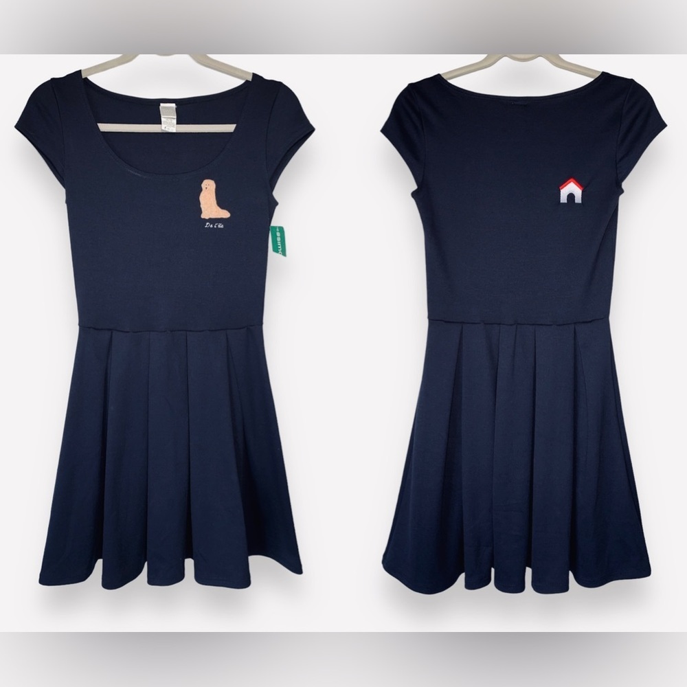 Twik Navy Blue Pleated Skirt Dog/Doghouse Golden Retriever Mini Dress Size XS